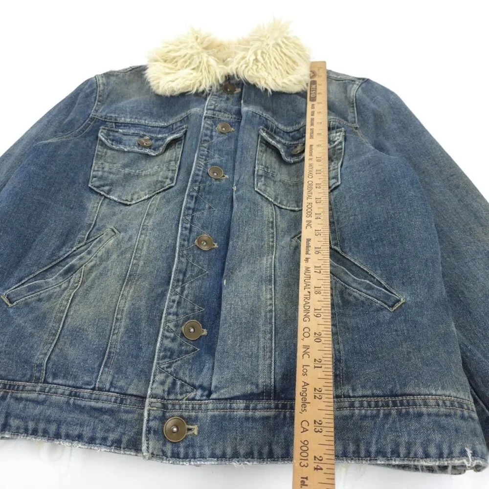 FREE PEOPLE Shaggy Fur Denim Trucker Jacket Festival Boho Indie Downtown Girl - Picture 5 of 13